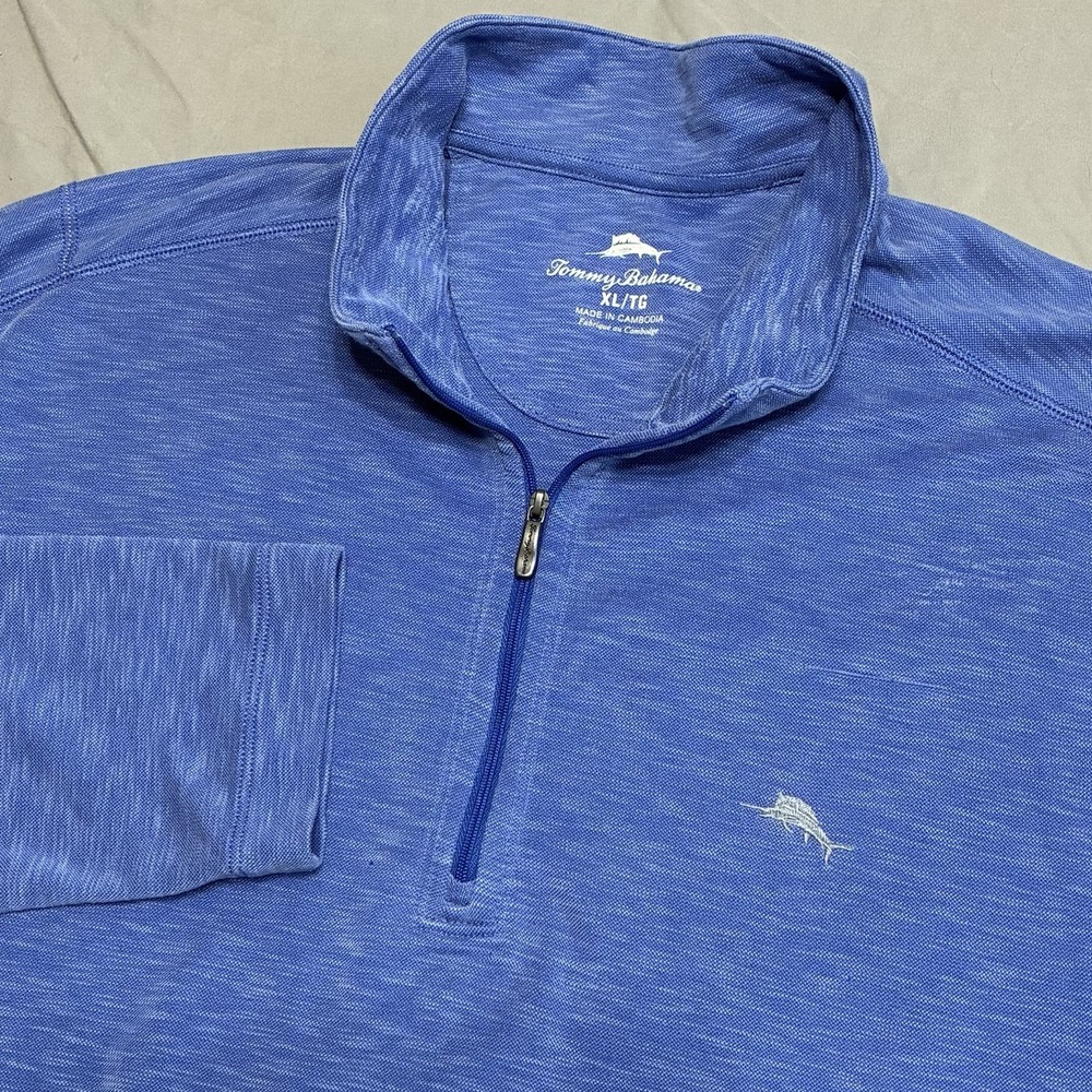 Tommy Bahama Tobago Bay Half Zip Sweatshirt Blue Slub Knit Marlin Pullover